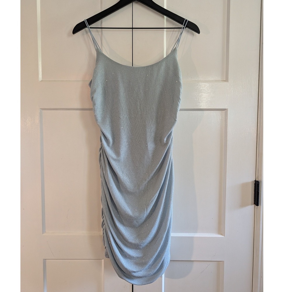 B Darlin Juniors 13/14 Silver Metallic Ruched Bodycon Cocktail Dress Y2K Sexy